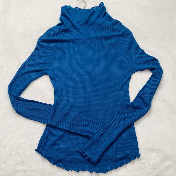 Free People Blue Lettuce Edge Waffle Knit High Neck Top - Picture 2 of 10